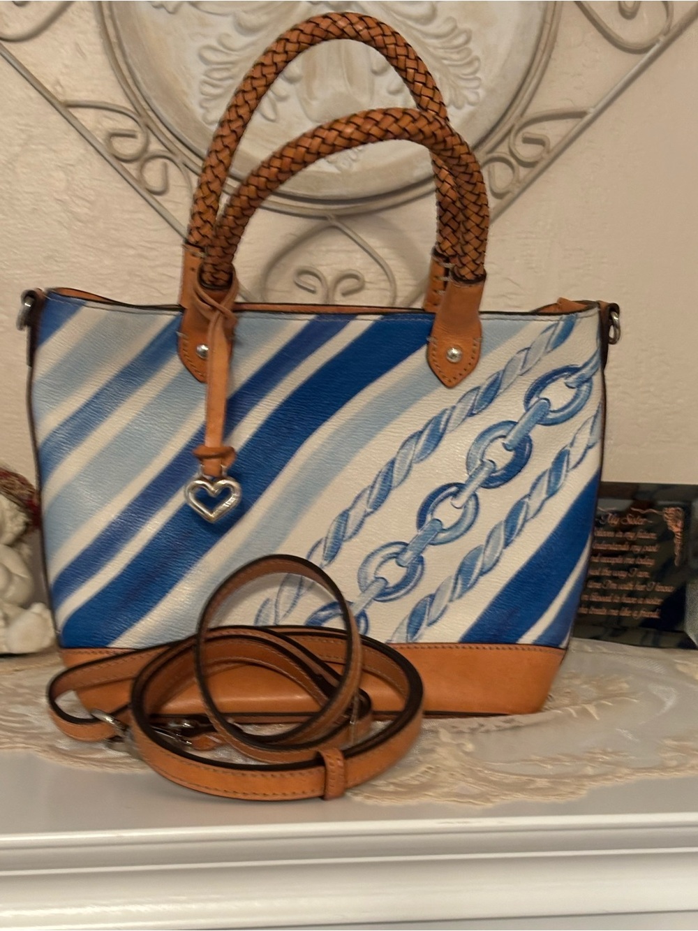 Brighton Blue & White Striped Chain-Print Tote with Tan Trim